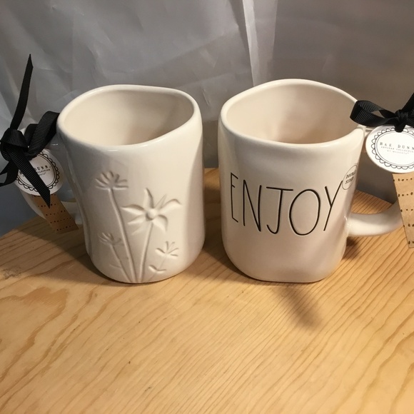 NWT~ 2 Rae Dunn White Raised Floral Engraved Back ceramic coffee Mug ENJOY - Picture 2 of 10